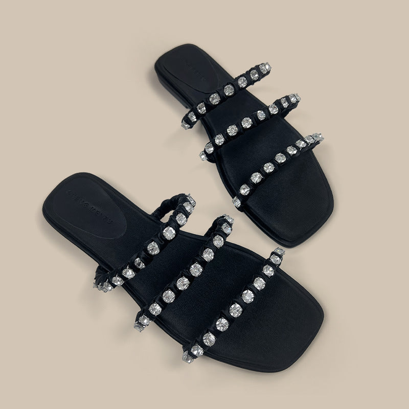 A rhinestone sandals women's summer word with flat beach slippers