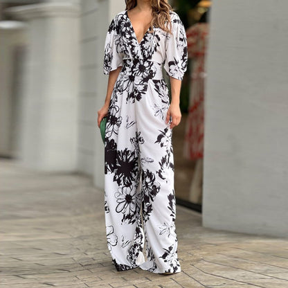 A new European and American women's clothing ins fashionable and elegant printing bat sleeve waist V-neck women's jumpsuit women's 661
