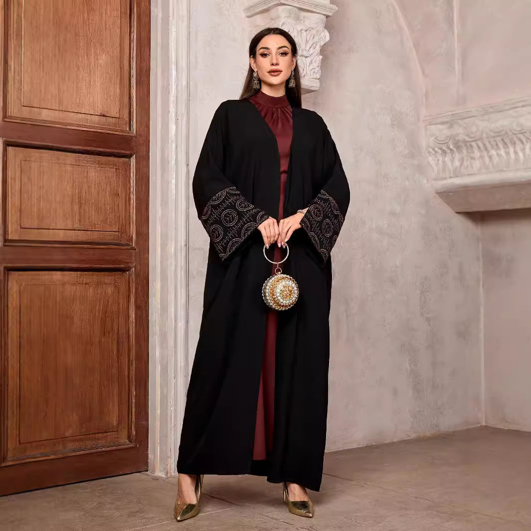 Middle Eastern Muslim Fashion Temperament Elegant Embroidered Cardigan Dubai Arabian Robe Bat Sleeve Split Black - Mixbatch