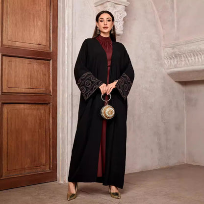 Middle Eastern Muslim Fashion Temperament Elegant Embroidered Cardigan Dubai Arabian Robe Bat Sleeve Split Black - Mixbatch