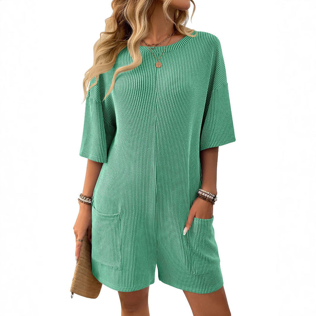 European and American cross-border Amazon independent station 2025 new products for women's loose pockets V-neck short-sleeved jumpsuits