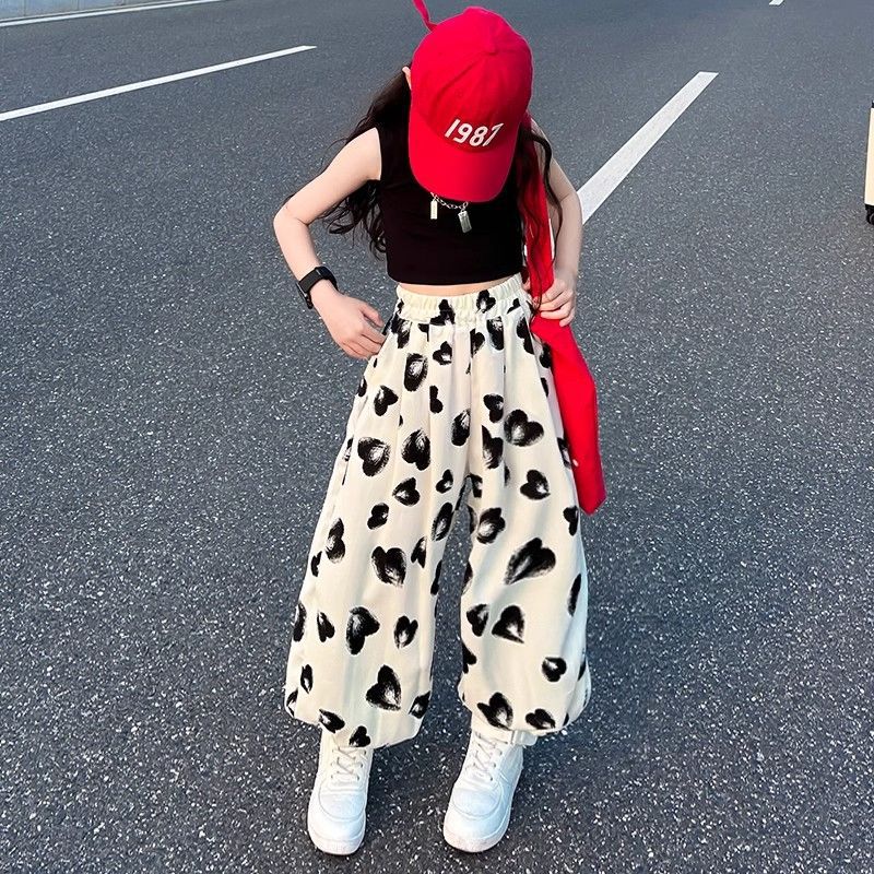 A girls pants summer thin wide-leg pants new summer letter sleeveless top casual pants set foreign trade