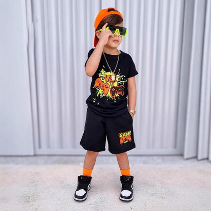 A European, American and foreign trade Amazon summer new hot-selling gamepad printed children's clothing set short-sleeved T-shirt shorts