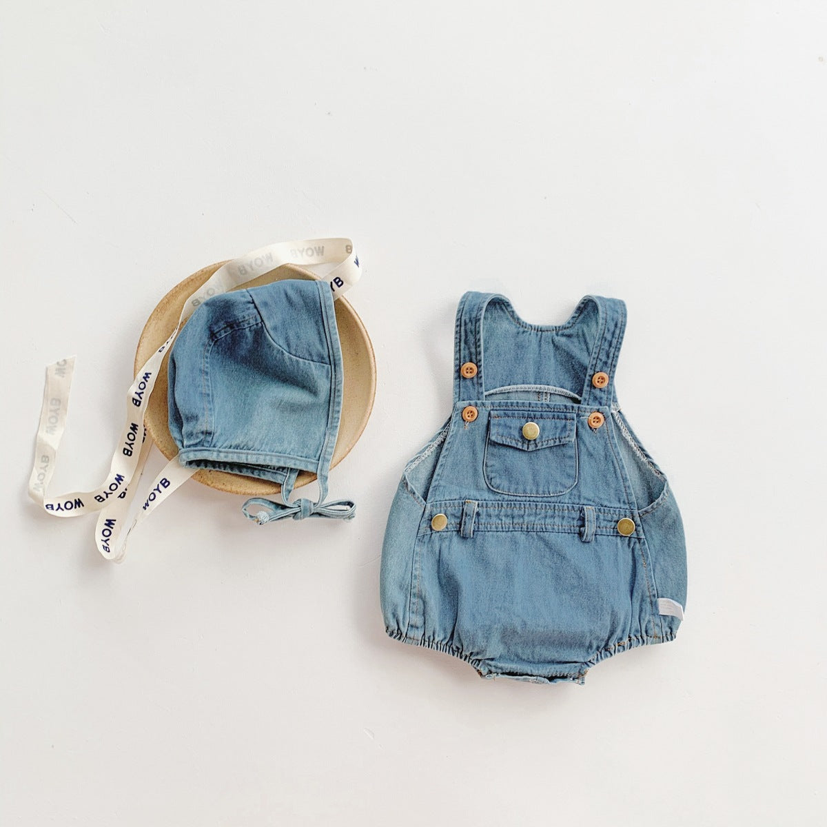 A ins summer Korean version baby and toddler boys and girls sleeveless denim bag butt jumpsuit with shoulder strap climbing suit and hat - Mixbatch