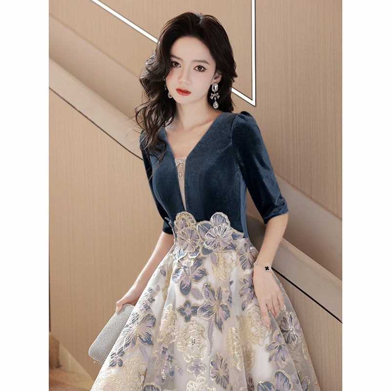 A banquet evening dress V-neck temperament waist long skirt high evening skirt