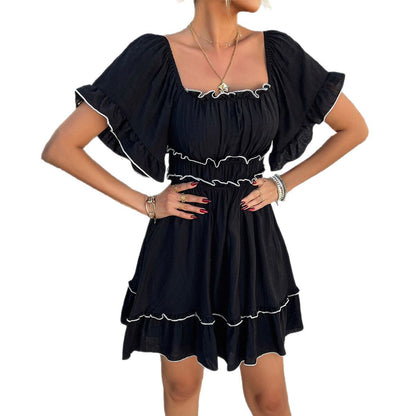 2025 spring and summer European and American leisure vacation style solid color fungus edge short-sleeved dress women's short skirt - Mixbatch