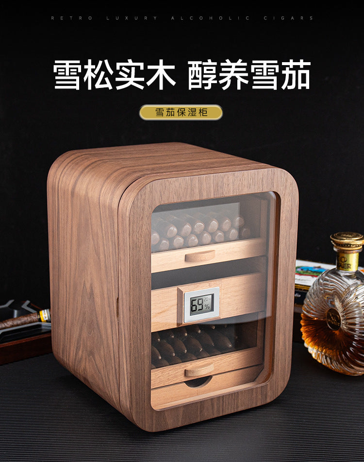 A Cigar Moisturizing Cabinet Cedar Wood Three-layer Large Capacity Perspective Window Black Walnut Wood Grain Cigar Alcoholizing Moisturizing Cabinet