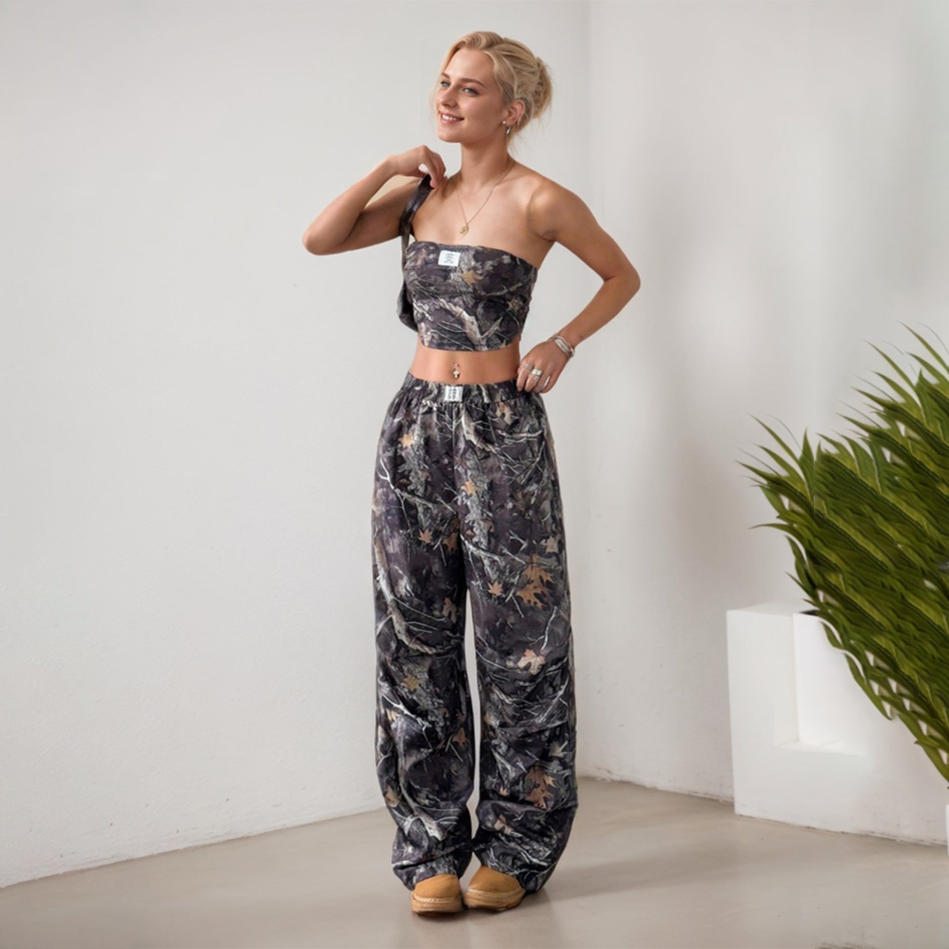 W301ST Cross-border American Teen Women's Fashion Casual Elastic Waist Printed Tube Top Skinny Overalls Set - Mixbatch