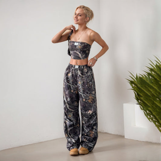 W301ST Cross-border American Teen Women's Fashion Casual Elastic Waist Printed Tube Top Skinny Overalls Set - Mixbatch
