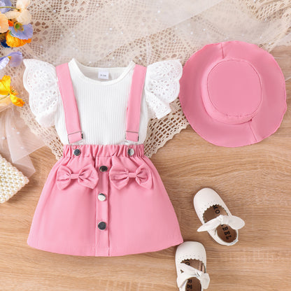 Amazon Spring/Summer New Children's Lace Flying Sleeves Top+Solid Color Strap Short Skirt+Hat Girls' Set - Mixbatch