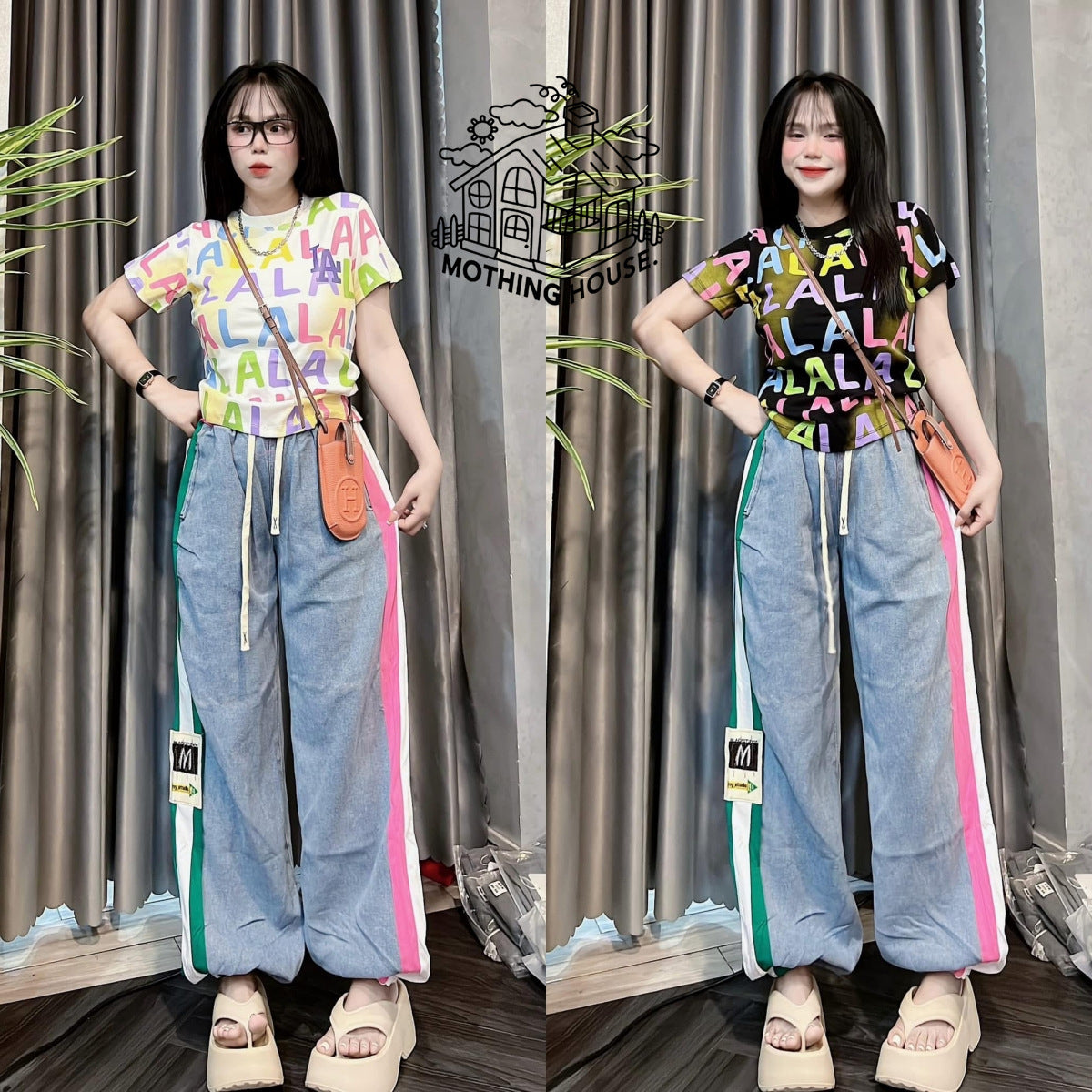 A Female Summer Loose Puppy Printed Short Sleeve Striped Wide Leg Pants Two-piece Casual