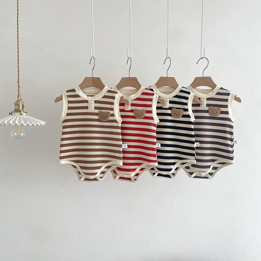 A children's summer dress sleeveless bag fart clothes ins Korean version baby striped bear vest onesie baby outing clothes - Mixbatch