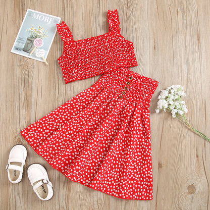 A European and American cross-border new products girls floral sling top + flower printing pleated skirt two-piece set
