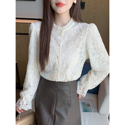 A spring new hollow long-sleeved lace shirt blouse spring shirt
