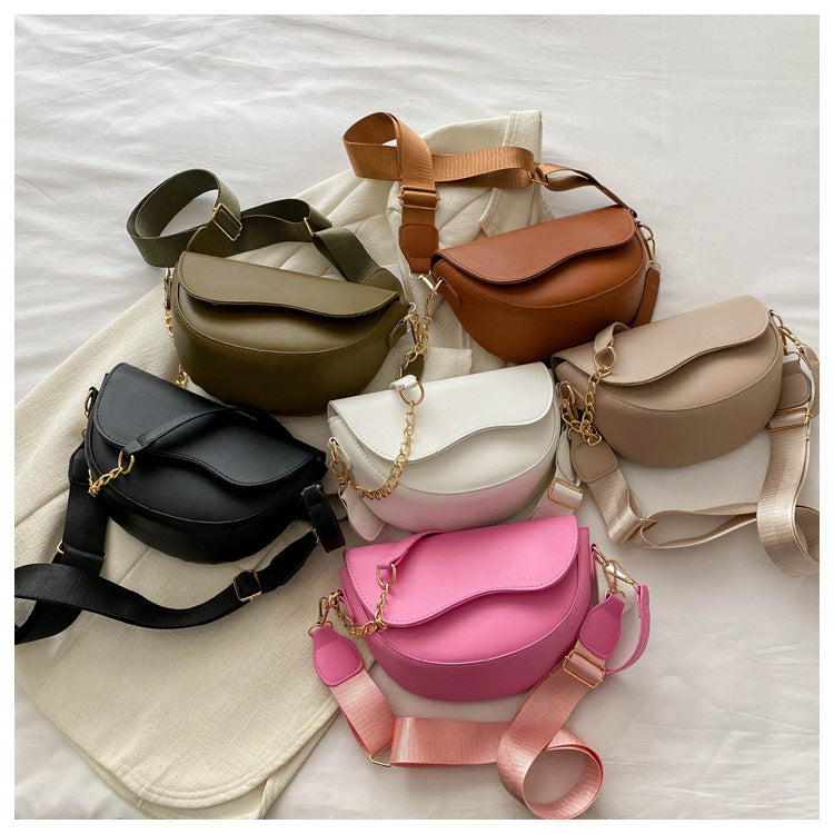 A Spring new chain saddle bag wide shoulder strap single shoulder messenger bag foreign style leisure bag - Mixbatch