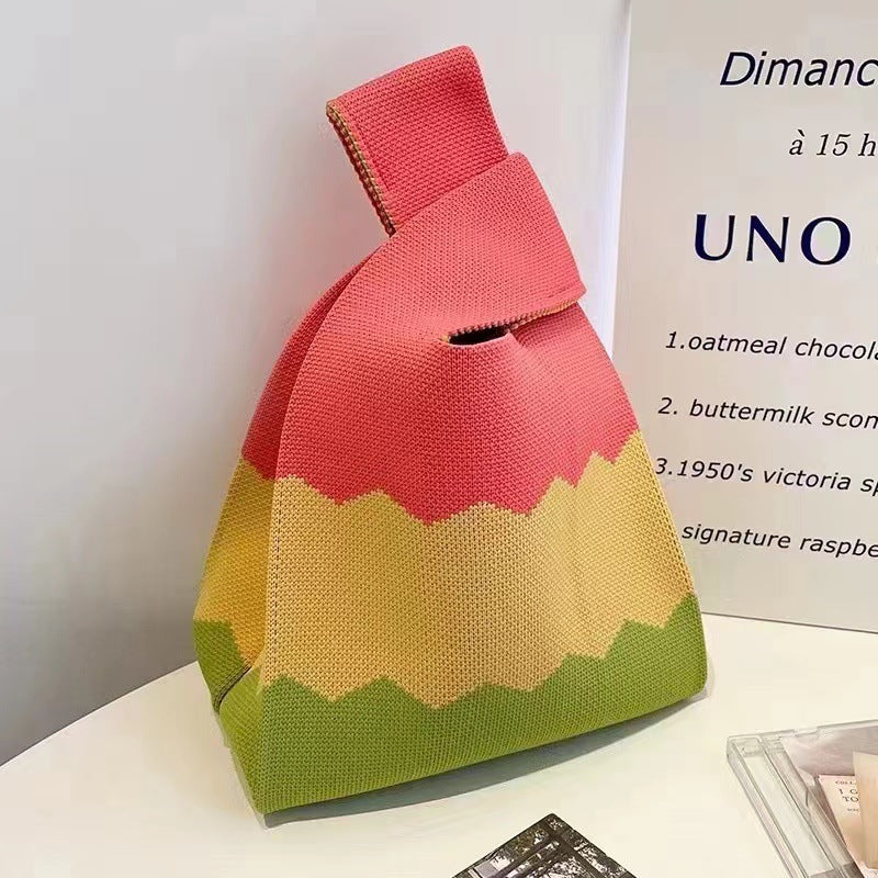 A Internet celebrity handbag women's knitted wool bucket bag Japanese and Korean version versatile hand carry casual tote bag box lunch bag y