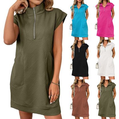 Europe, America, cross-border Amazon independent station 2025 summer new lapel zipper pocket loose straight dress - Mixbatch