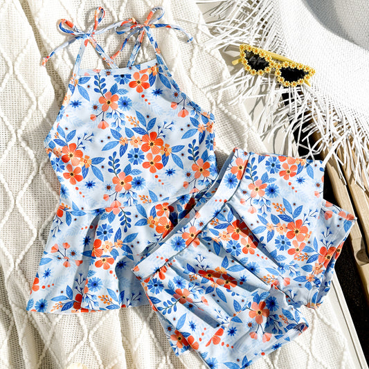A European and American children's swimsuit girls split swimsuit printed lotus leaf edge skirt swimsuit 3Y-11Y adjustable shoulder strap swimsuit - Mixbatch