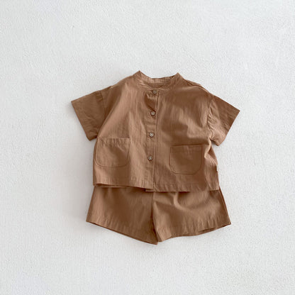 A INS Korean version of the baby summer thin solid color short-sleeved shirt and shorts set for children and boys casual two-piece set - Mixbatch