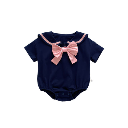 A baby summer new girl baby western-style college wind lapel bow Harbin clothes newborn triangle climbing suit - Mixbatch