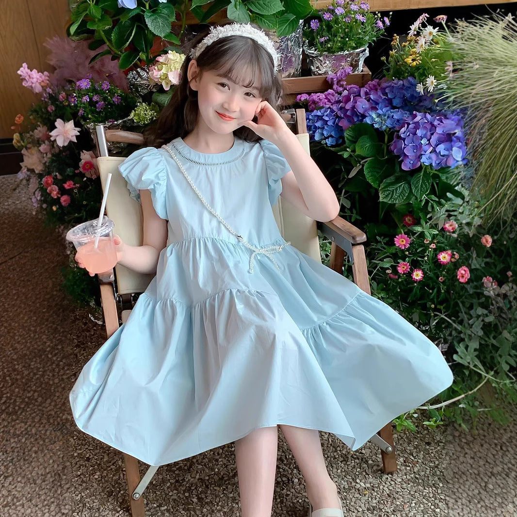 A girls summer Korean bubble sleeve dress new children's foreign style sweet solid color princess dress tide cross-border