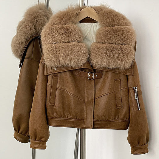 A winter new short real fox fur collar suede fur jacket female Korean version fur integrated down liner