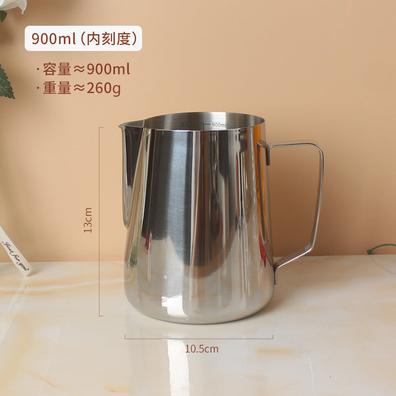 A 304 stainless steel pointed mouth latte cup with graduated coffee latte tank milk foam cup 350/600/900ml