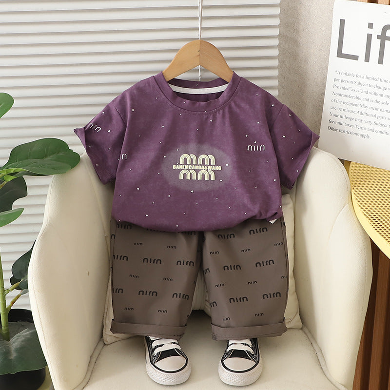 A summer new model 0-4 years old medium and small children boys and girls printed letter short-sleeved two-piece summer t-shirt set