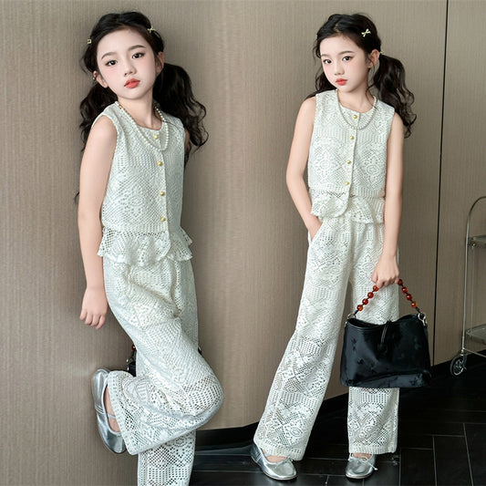 A girls summer lace crochet suit new middle-aged and older children's Korean version sleeveless top wide-leg straight pants trendy