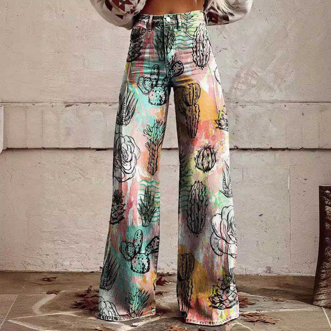 A European and American foreign trade large size women's casual pants, thin imitation jeans, wide legs