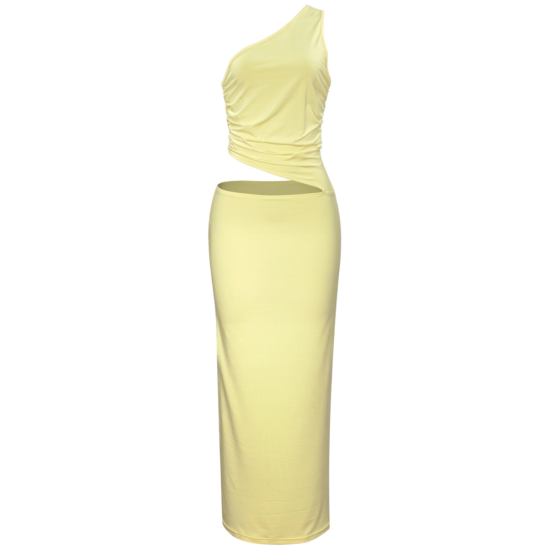 2025 spring and summer pleated side shoulder hollowed-out waist-packing hip sexy hot girl long dress for women - Mixbatch