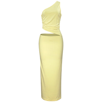 2025 spring and summer pleated side shoulder hollowed-out waist-packing hip sexy hot girl long dress for women - Mixbatch