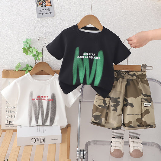 A Boys' summer suit New handsome children's short-sleeved two-piece set of 1-5 year old baby summer clothes