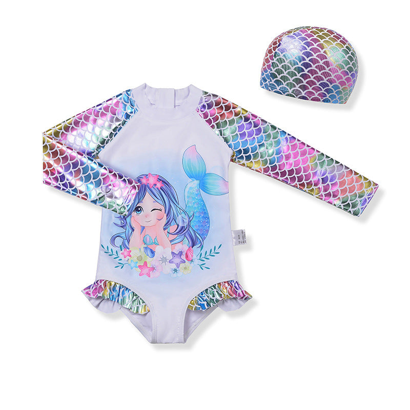 A Swimsuit girl mermaid long sleeve one-piece princess cartoon cute girl swimming