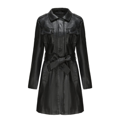 A women's long-sleeved leather jacket