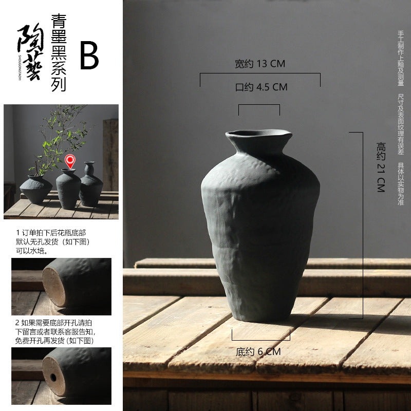 A retro Zen vase ceramic art advanced sense wabi-sabi wind Japanese coarse pottery living room flower arrangement B & B niche ornament