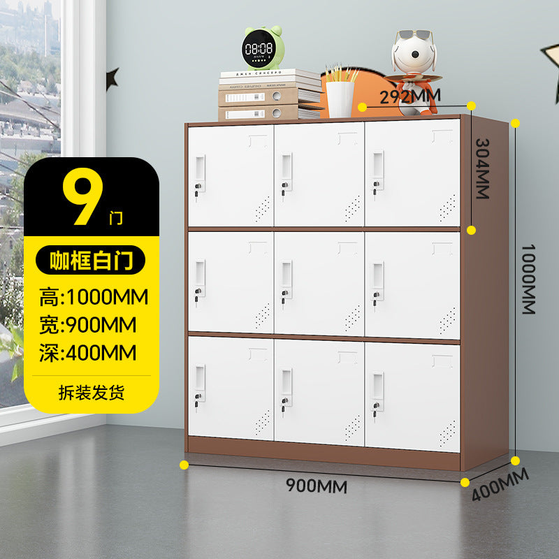 A colorful metal storage locker for school classrooms