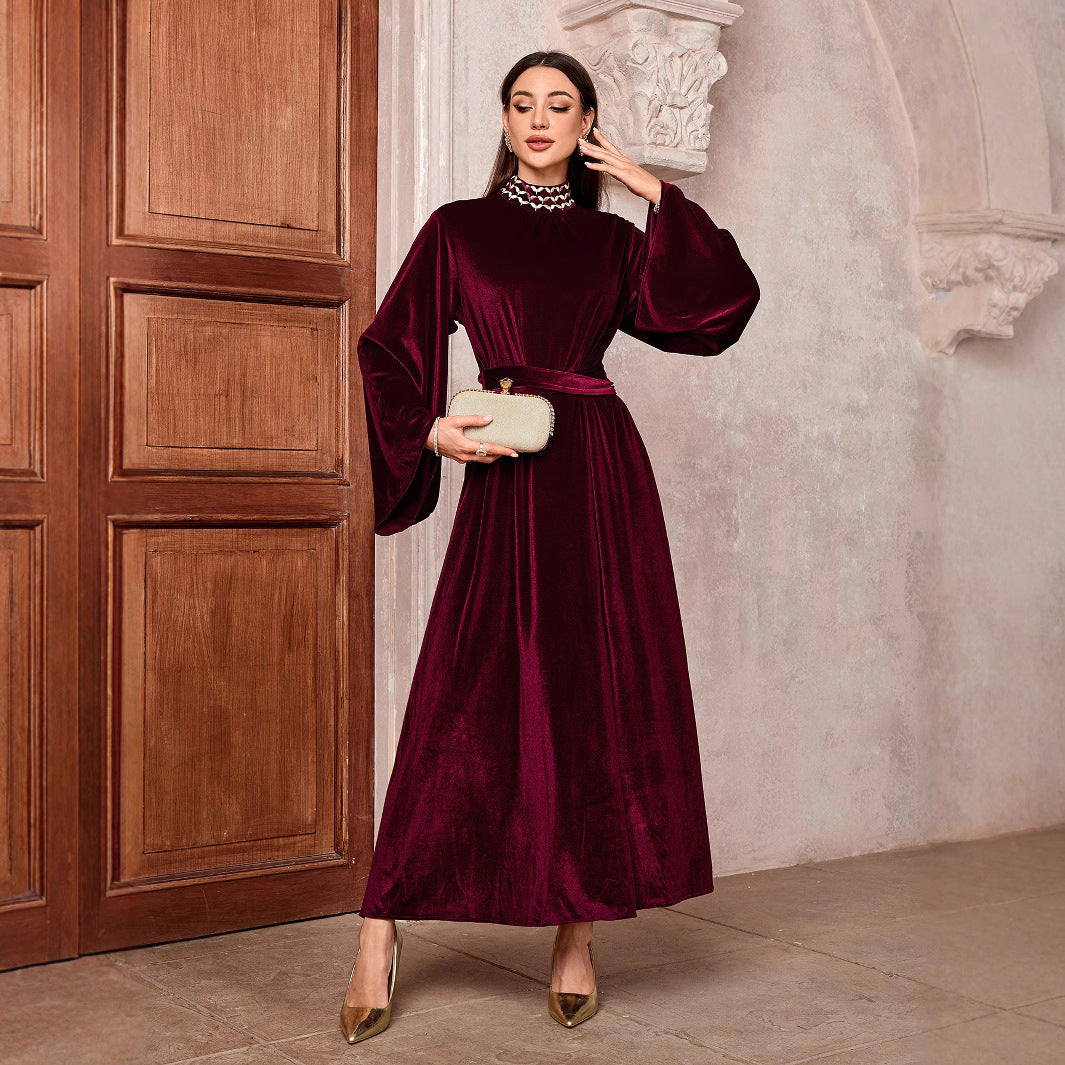 Middle Eastern Muslim Saudi Arabia Embroidered Dress Flared Sleeve Belt Zip Blouse - Mixbatch