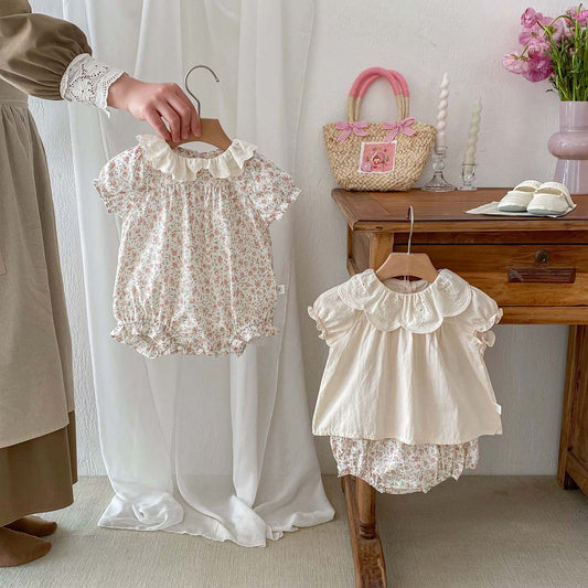 A spot 24 summer new girls floral jumpsuit ruffled lapels bag fart clothes Ha clothes baby short sleeve climbing clothes - Mixbatch