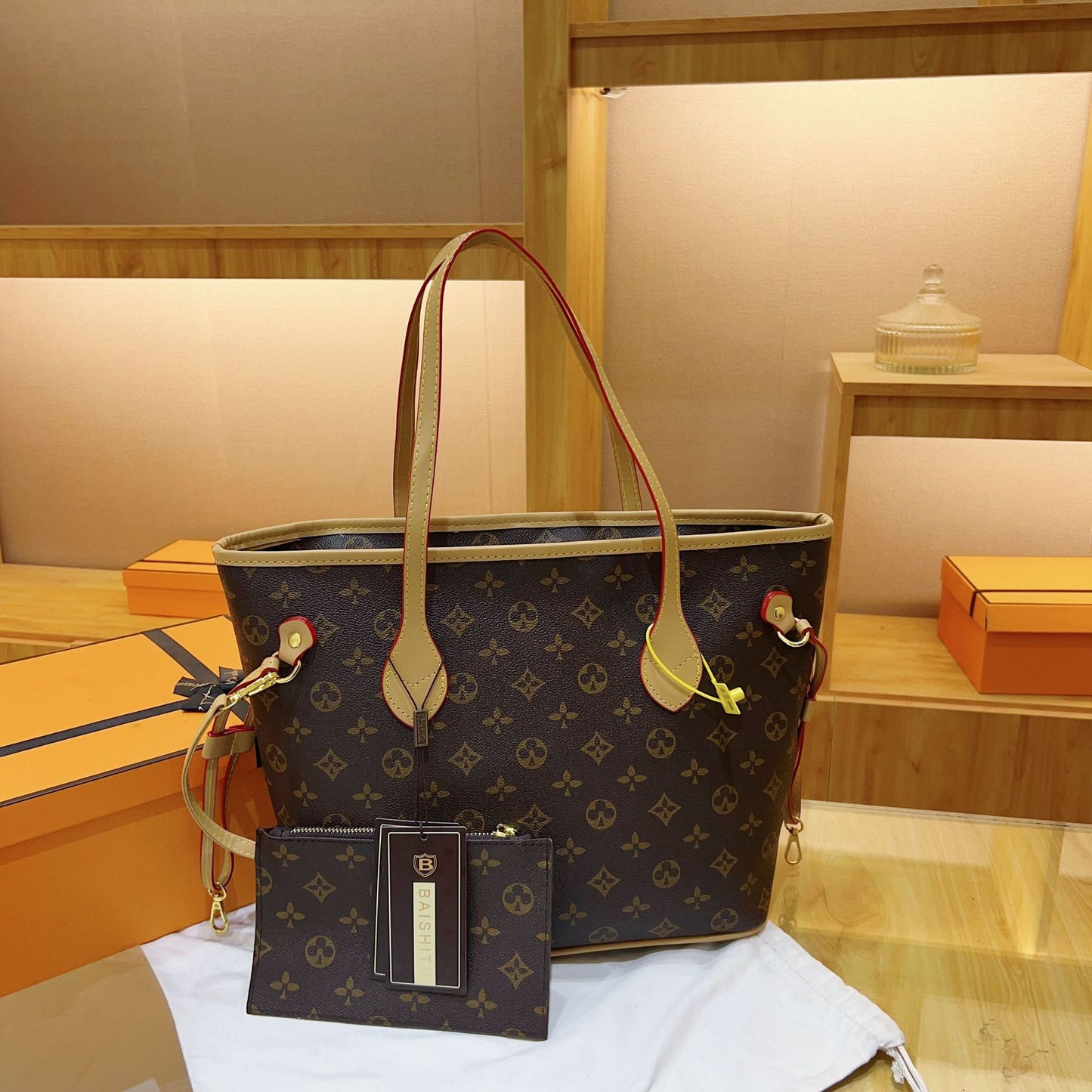 A large-capacity soft leather texture handbag, fashionable printed retro shoulder bag, commuter to work, tablet storage, tote bag.