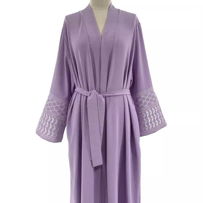 Embroidered Middle Eastern Muslim Clothing Fashion Elegant Pocket Cardigan Lace-Up Dress Robe - Mixbatch