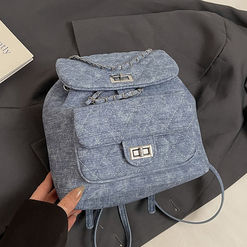 A denim texture small fragrant wind rhombus chain portable small bag fashionable commuter versatile backpack