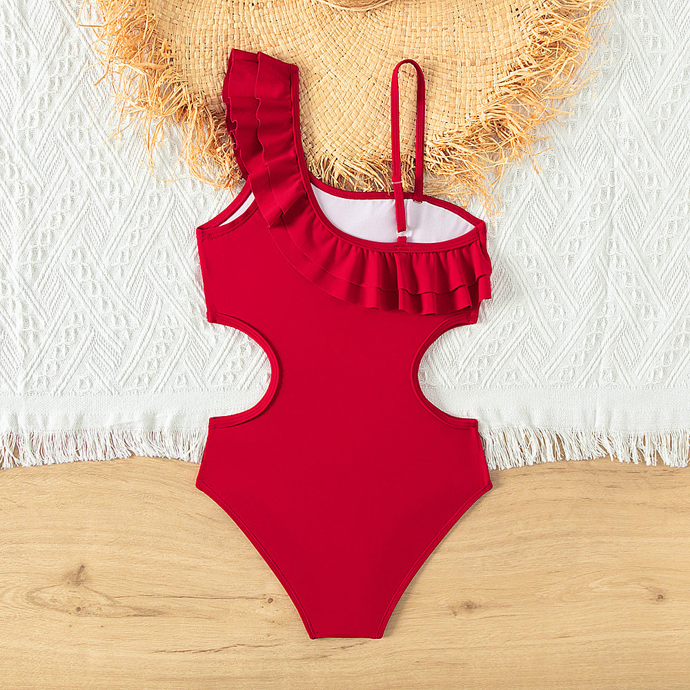 A triangular one-piece girls swimsuit girls foreign trade European and American slanted shoulder ruffle edge - Mixbatch