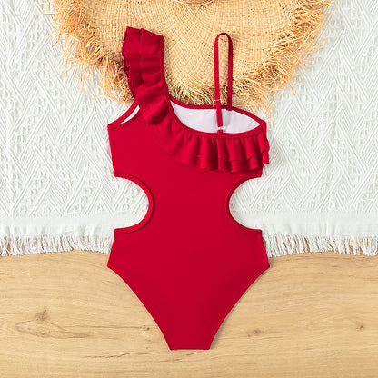 A triangular one-piece girls swimsuit girls foreign trade European and American slanted shoulder ruffle edge - Mixbatch