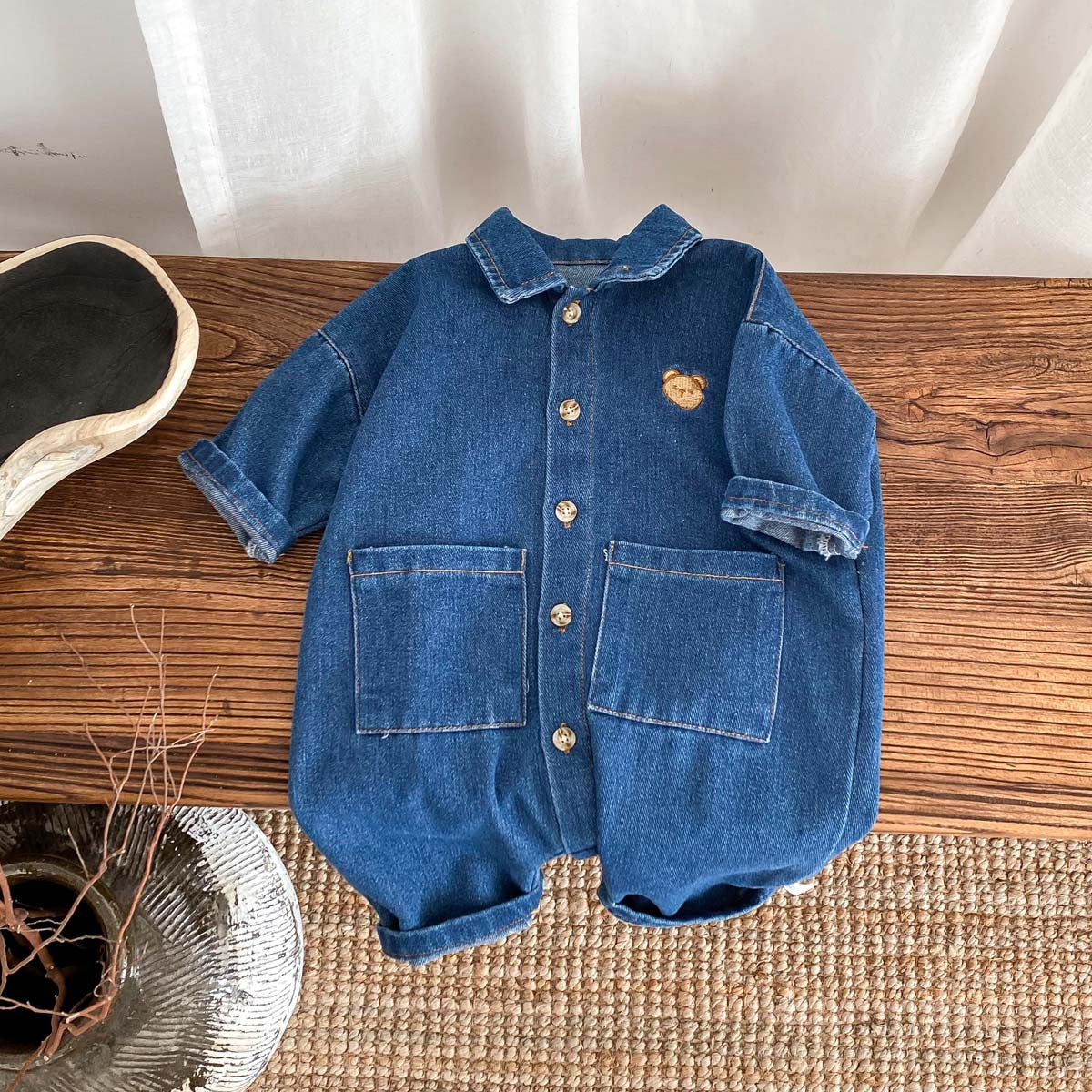 A baby spring and autumn denim jumpsuit for boys and girls, cartoon teddy bear with open buckle, long crawling clothes for newborns - Mixbatch