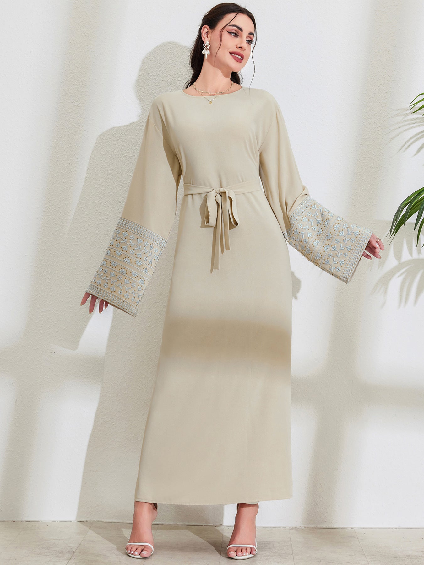 Middle Eastern Muslim Fashion Elegant Cardigan Embroidered Belt Dress Pocket Robe - Mixbatch