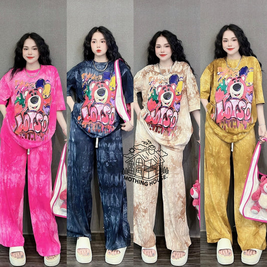 A tie-dye fashion suit women's summer loose cartoon print short-sleeved wide-leg pants casual two-piece set trendy
