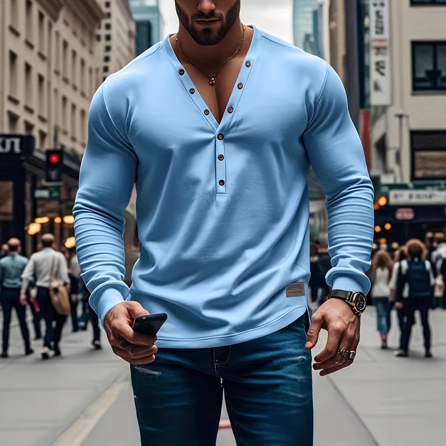 A Men's Spring and Autumn American Solid Color Men's T-Shirt Long Sleeve Casual Bottom Slim Button V-Neck Top
