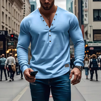 A Men's Spring and Autumn American Solid Color Men's T-Shirt Long Sleeve Casual Bottom Slim Button V-Neck Top