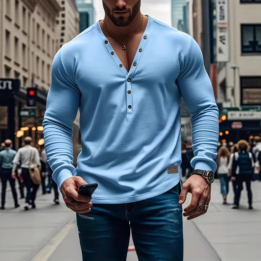 A Men's Spring and Autumn American Solid Color Men's T-Shirt Long Sleeve Casual Bottom Slim Button V-Neck Top
